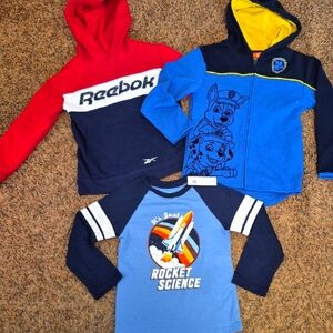 Lot of 3 Reebok/Paw Patrol/Rocket Red and Blue Kids Hoodies And Shirt